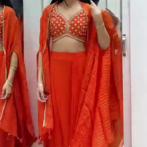 Vibrant Orange Embroidered Crop Top with Flared Palazzo & Cape Dupatta Set