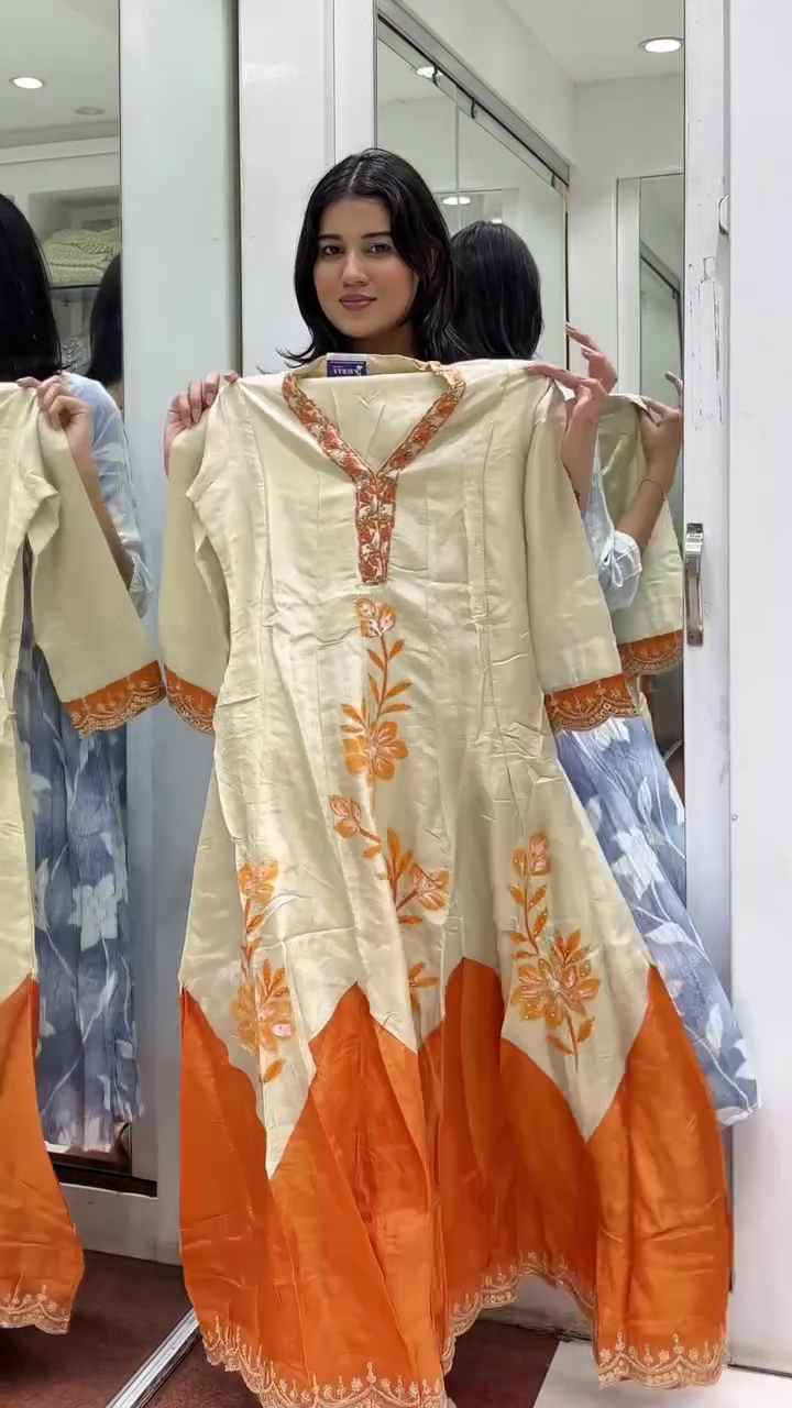 Ivory & Orange Flared Kurta Set with Floral Embroidery and Dupatta - Image 2