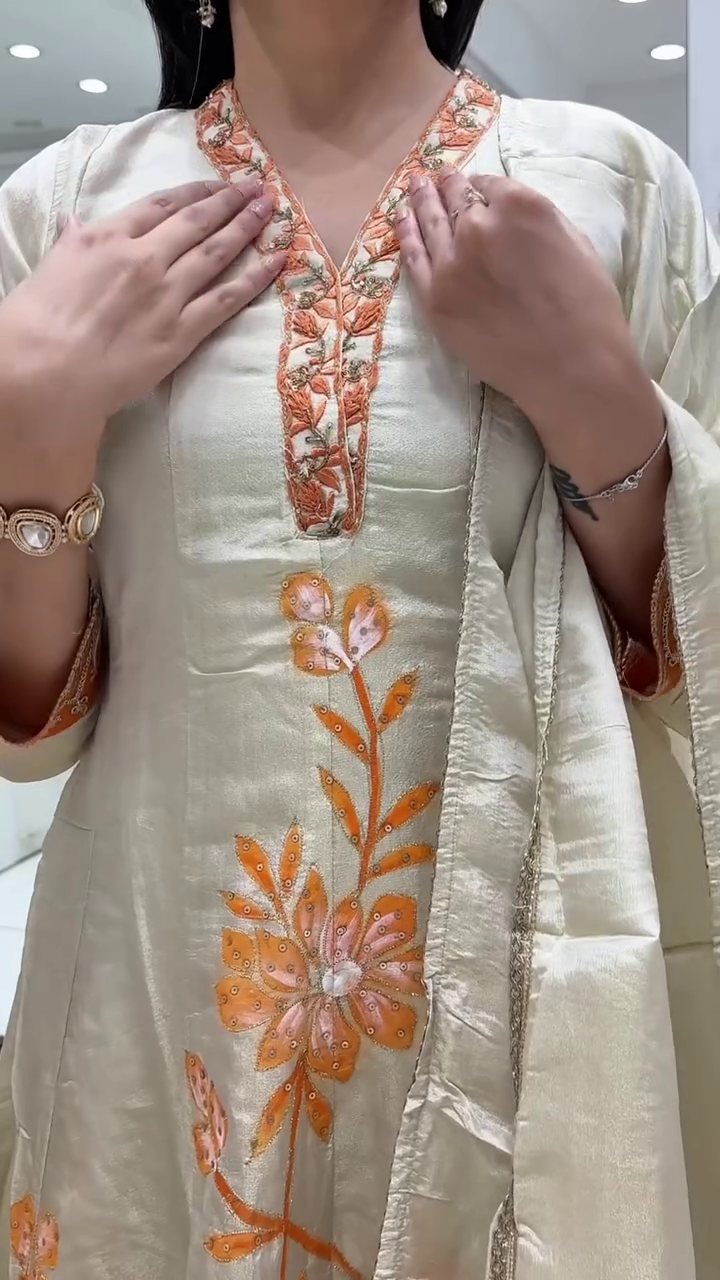 Ivory & Orange Flared Kurta Set with Floral Embroidery and Dupatta - Image 8