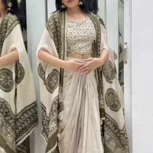 Ivory Gold Pre-Draped Saree Set with Heavy Embroidered Cape