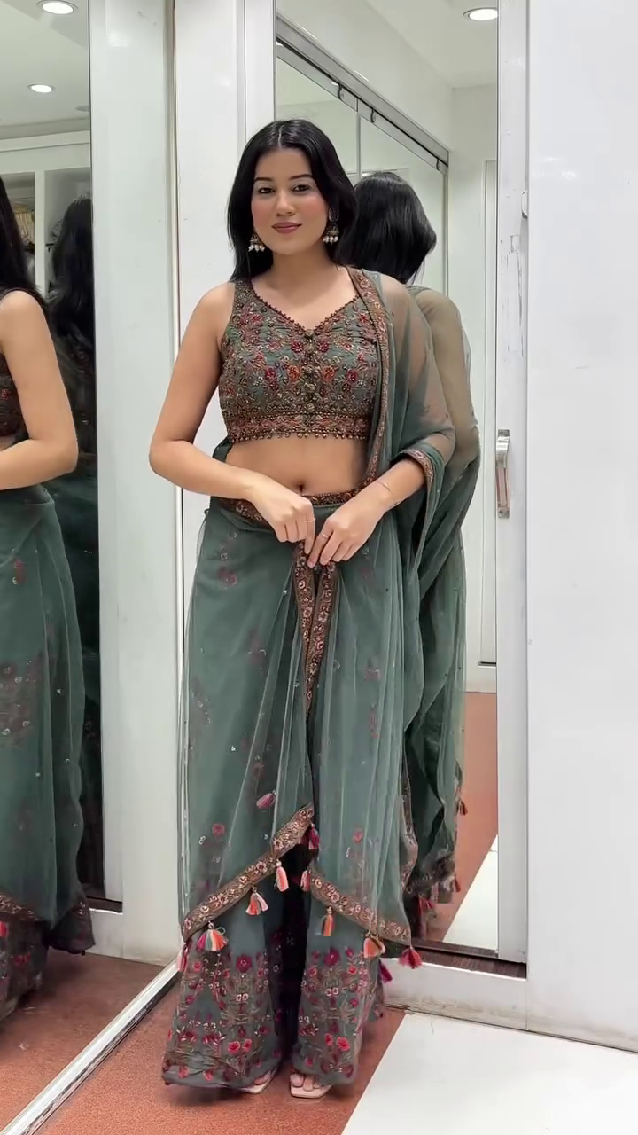 Bottle Green Embroidered Sharara Set with Dupatta - Image 3