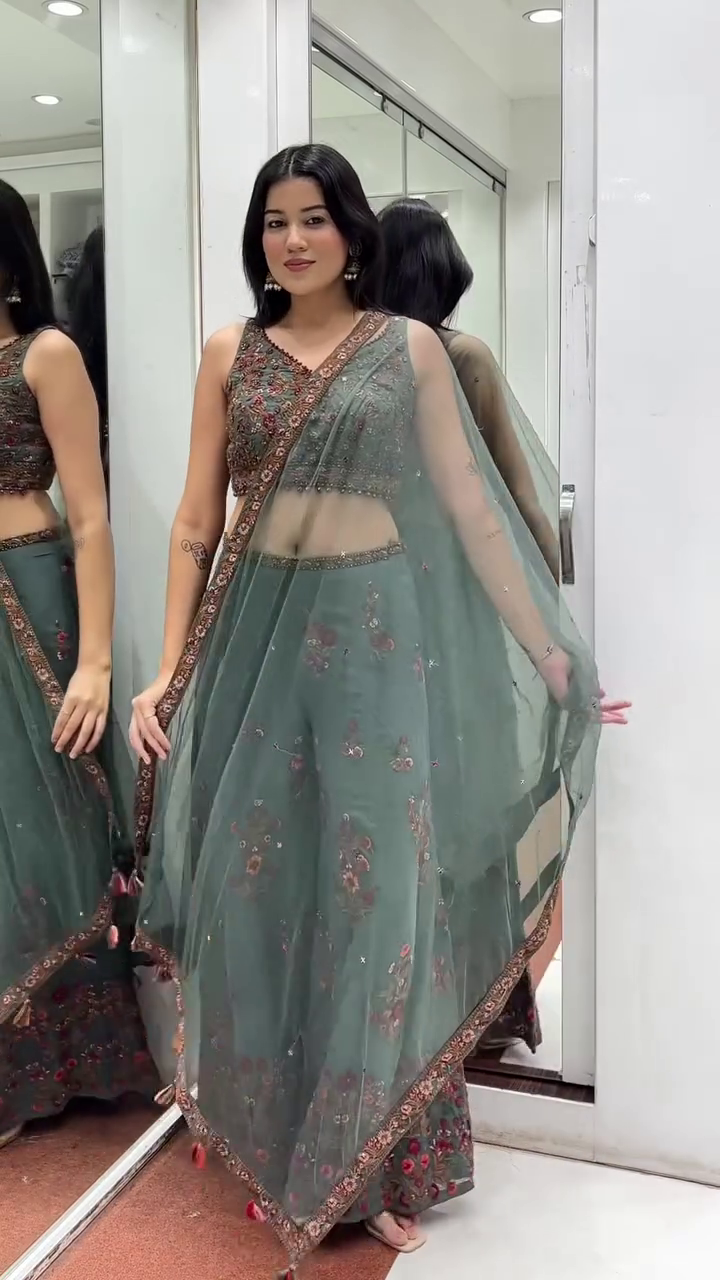 Bottle Green Embroidered Sharara Set with Dupatta - Image 4