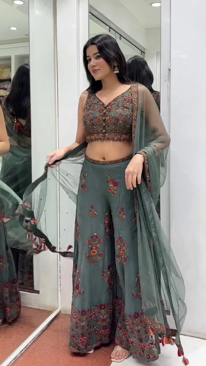 Bottle Green Embroidered Sharara Set with Dupatta - Image 5