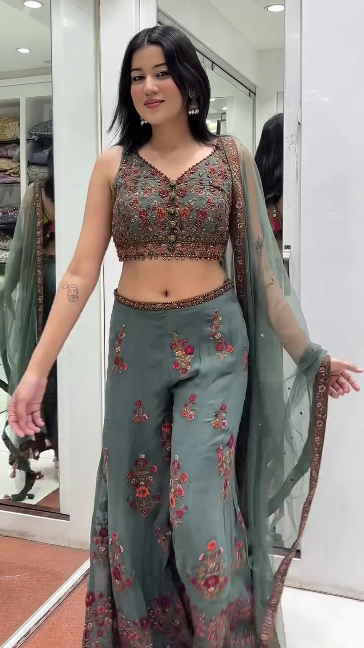 Bottle Green Embroidered Sharara Set with Dupatta - Image 6