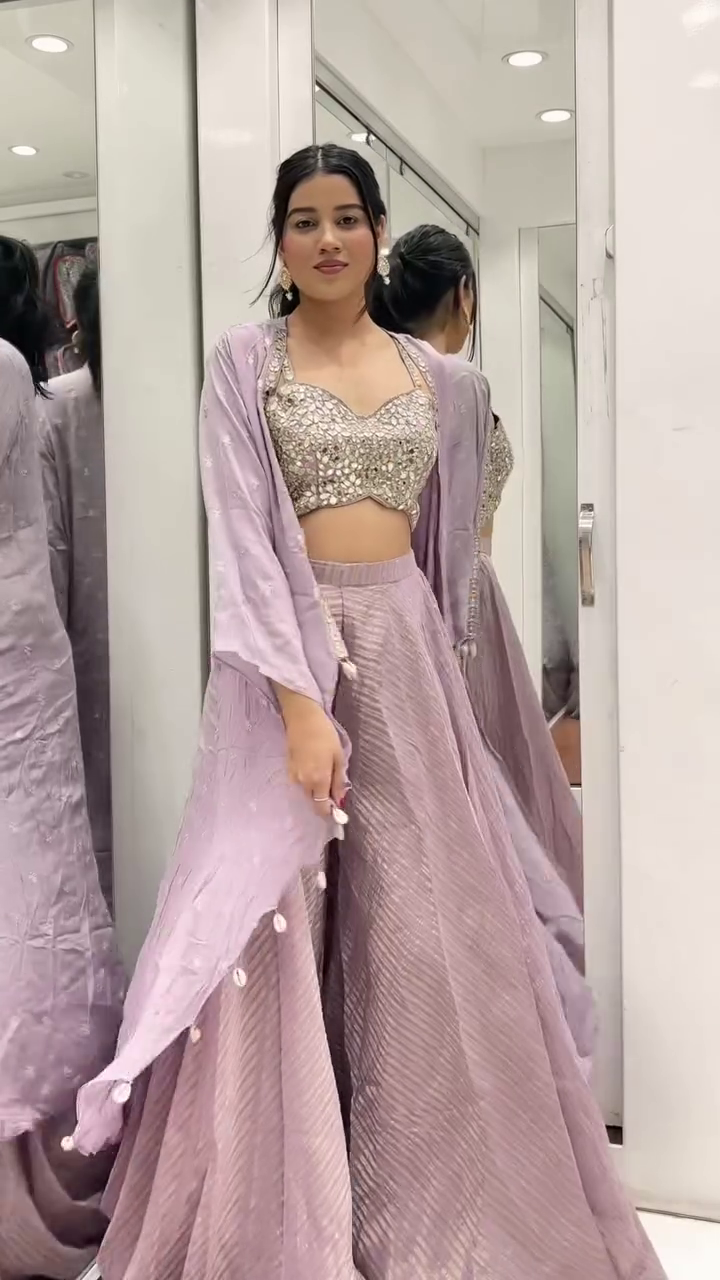 Lavender Mirror Work Co-ord Set with Flared Pants & Cape Jacket - Image 3