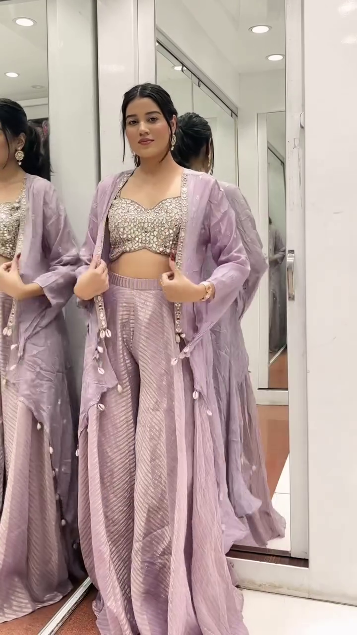 Lavender Mirror Work Co-ord Set with Flared Pants & Cape Jacket