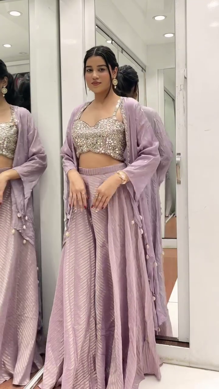 Lavender Mirror Work Co-ord Set with Flared Pants & Cape Jacket - Image 5