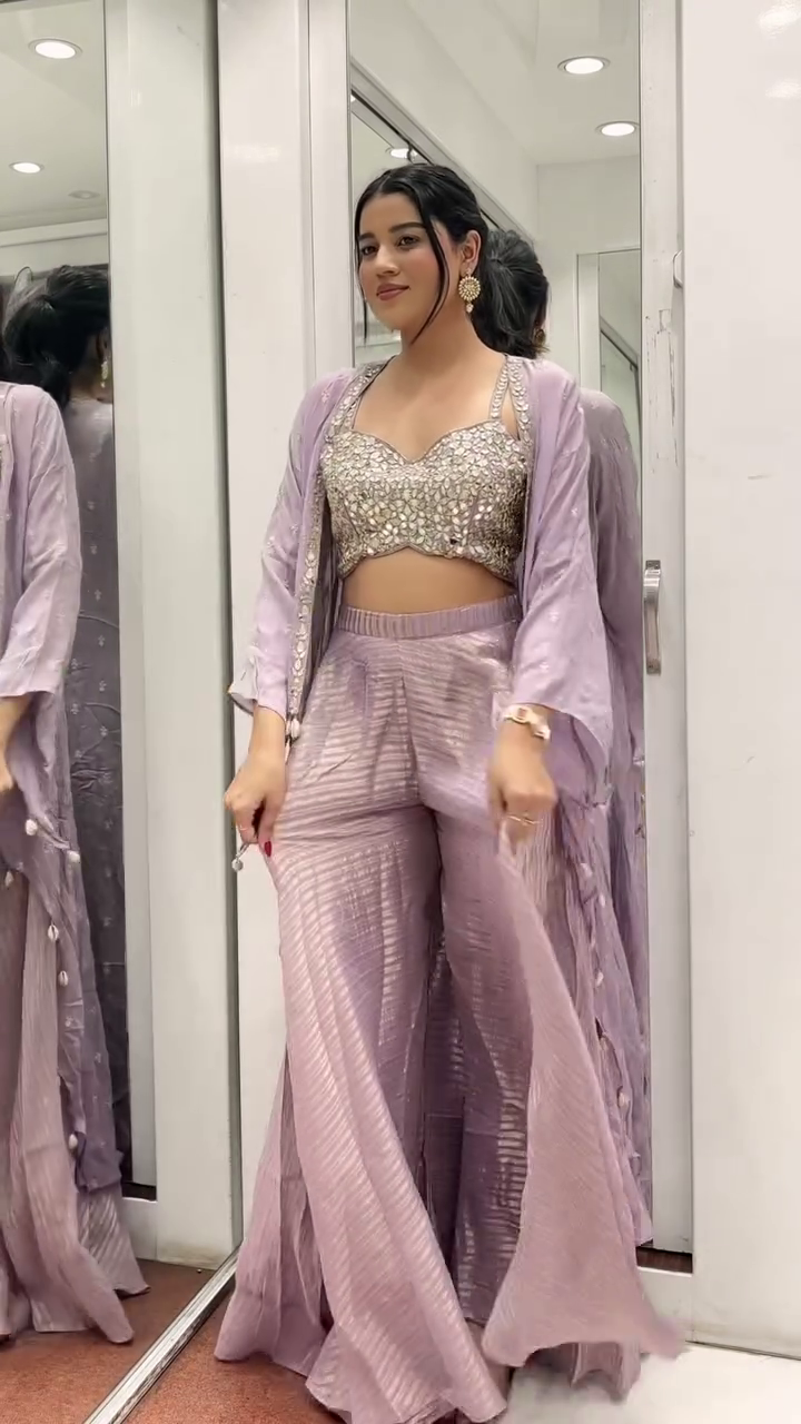 Lavender Mirror Work Co-ord Set with Flared Pants & Cape Jacket - Image 6