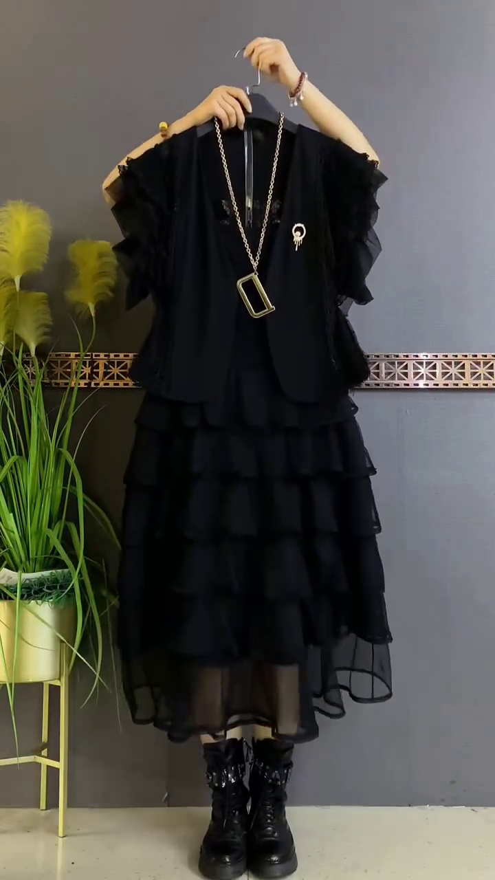 Black Ruffle Layered Midi Dress with Shrug & Statement Chain - Image 2