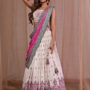 Cream Threadwork Semi Crepe Readymade Lehenga