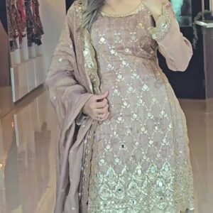 Beige Color Embroidery Work Sharara Suit