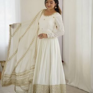 White Color Thread Work Gown
