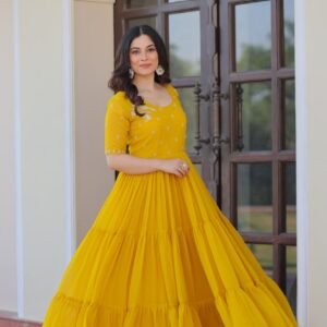Beautiful Embroidery Work Yellow Gown