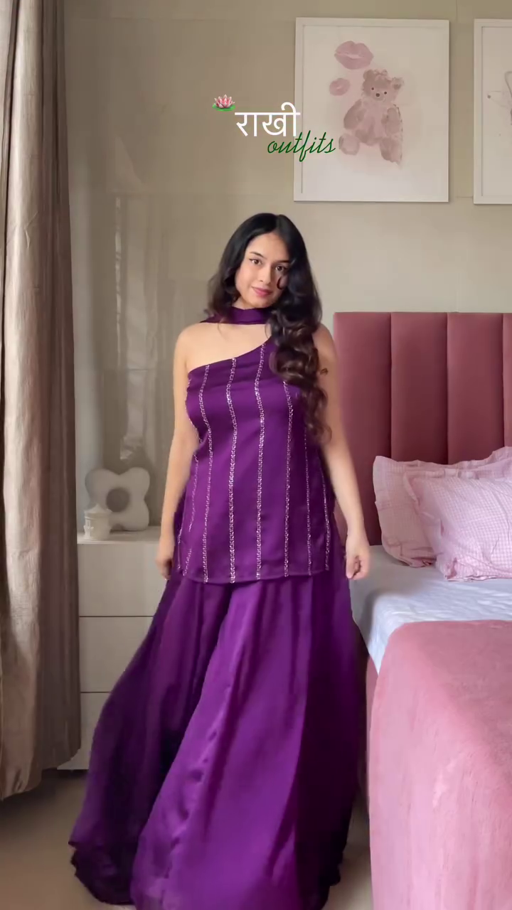 Luxury Purple One-Shoulder Crop Top & Palazzo Co-Ord Set - Image 2