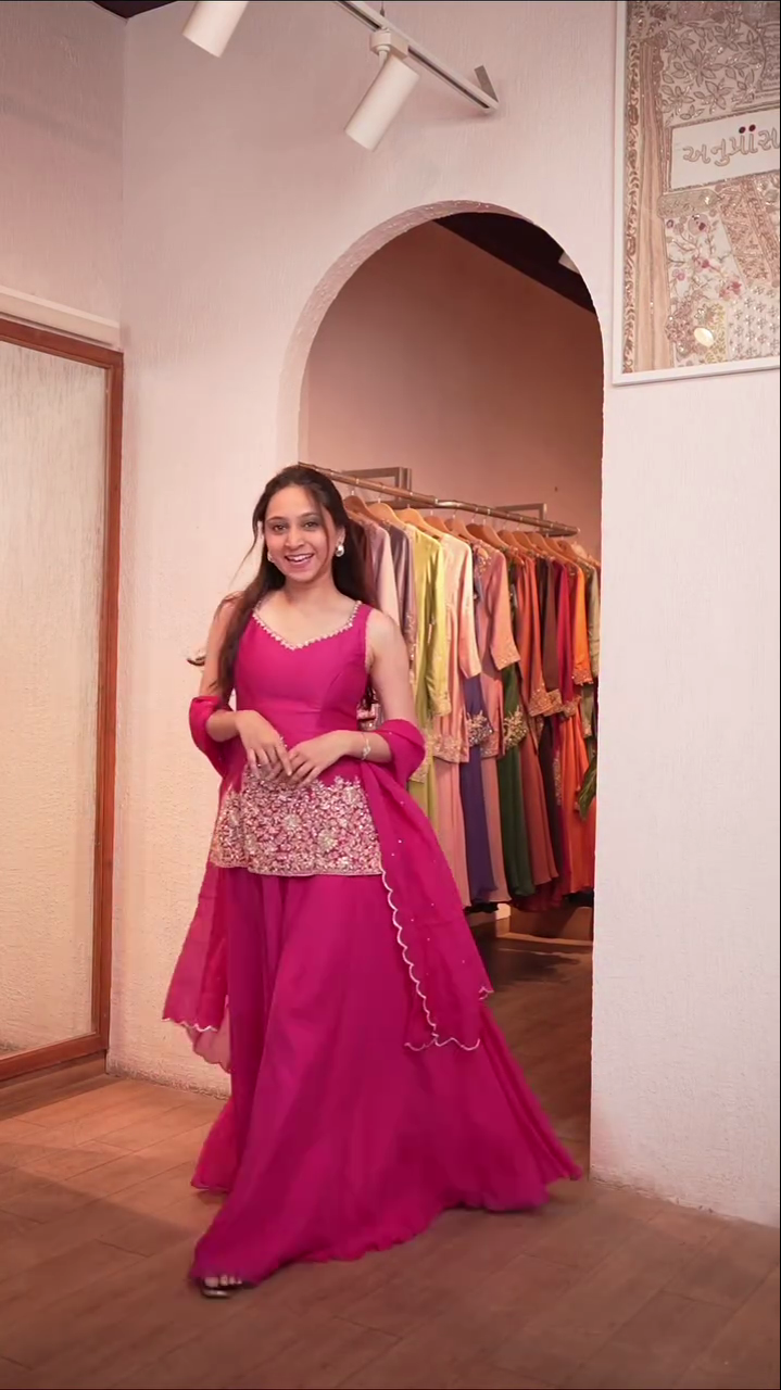 Embroidered Pink Peplum Palazzo Set with Dupatta - Image 2