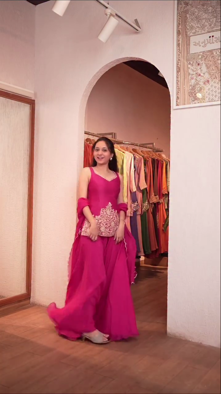 Embroidered Pink Peplum Palazzo Set with Dupatta - Image 3